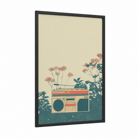 Retro Boombox Garden framed art print — black wood frame — cream and teal palette