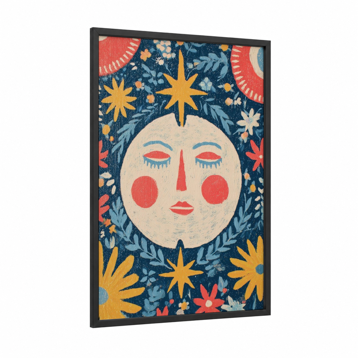 Celestial Moon Face framed art print — black wood frame — gold and dark blue palette