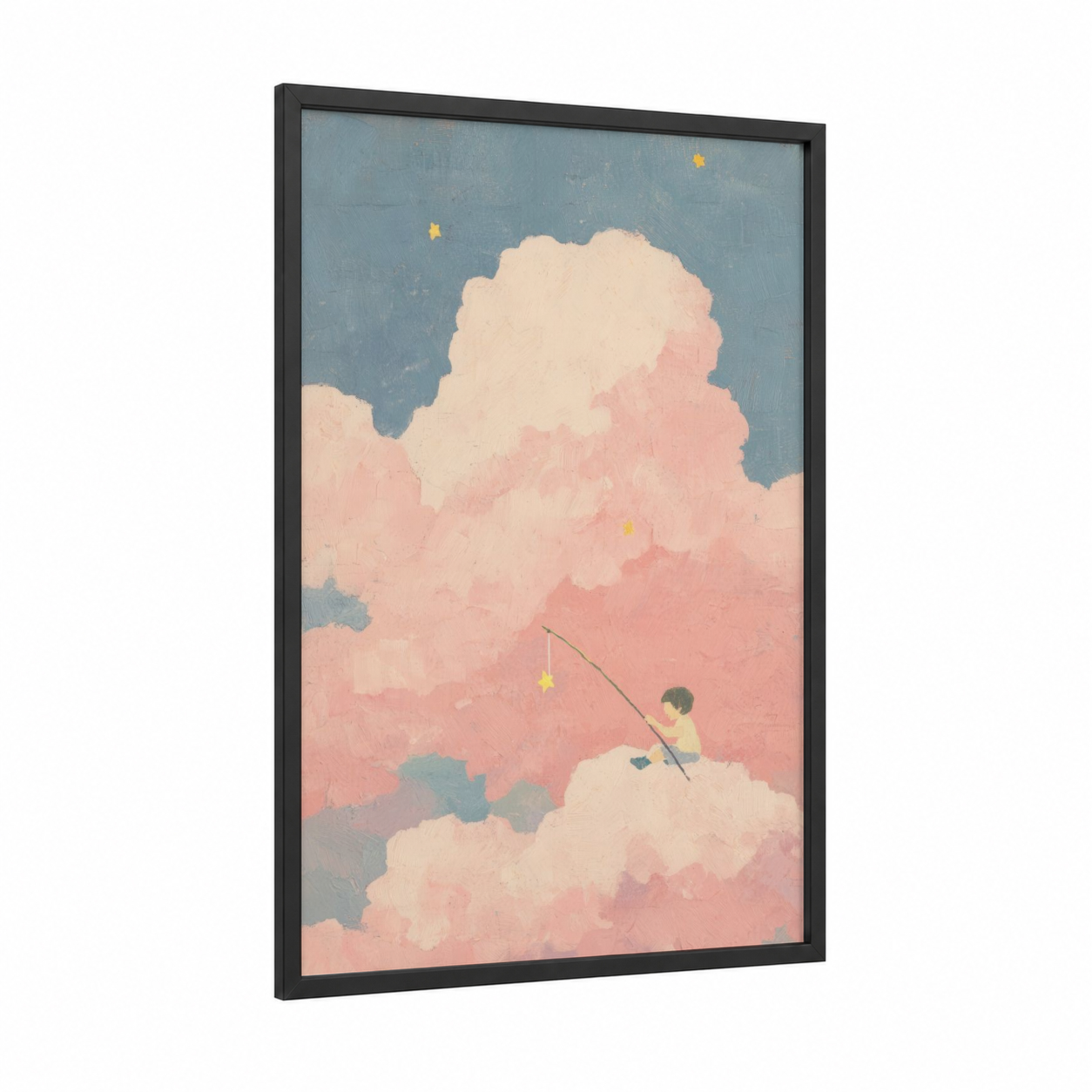 Cloud Dreamer framed kids magic and fantasy print — black wood frame — peach and blue palette