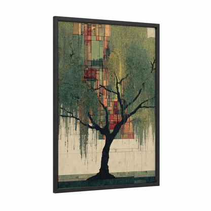 Geometric Willow framed willow tree print — black wood frame — sage green and russet palette