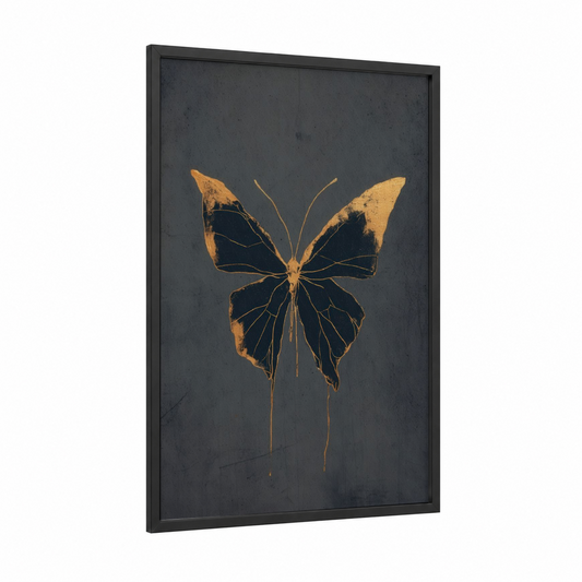 Golden Butterfly framed art print — black wood frame — gold and black palette