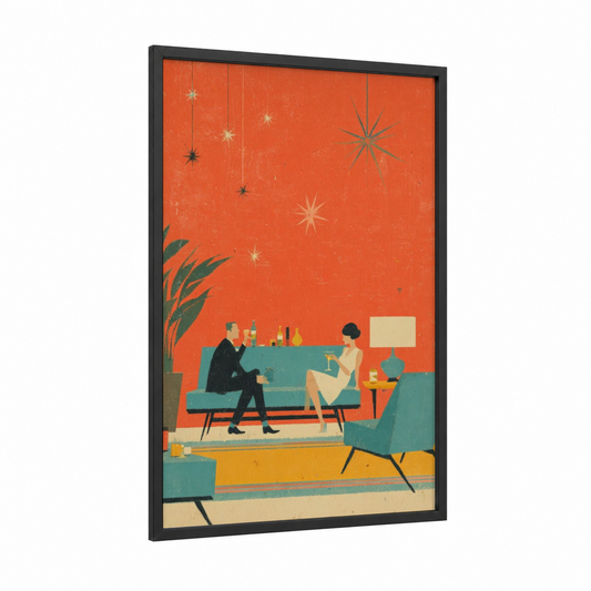Retro New Year's Eve framed new years eve print — black wood frame — orange and teal palette