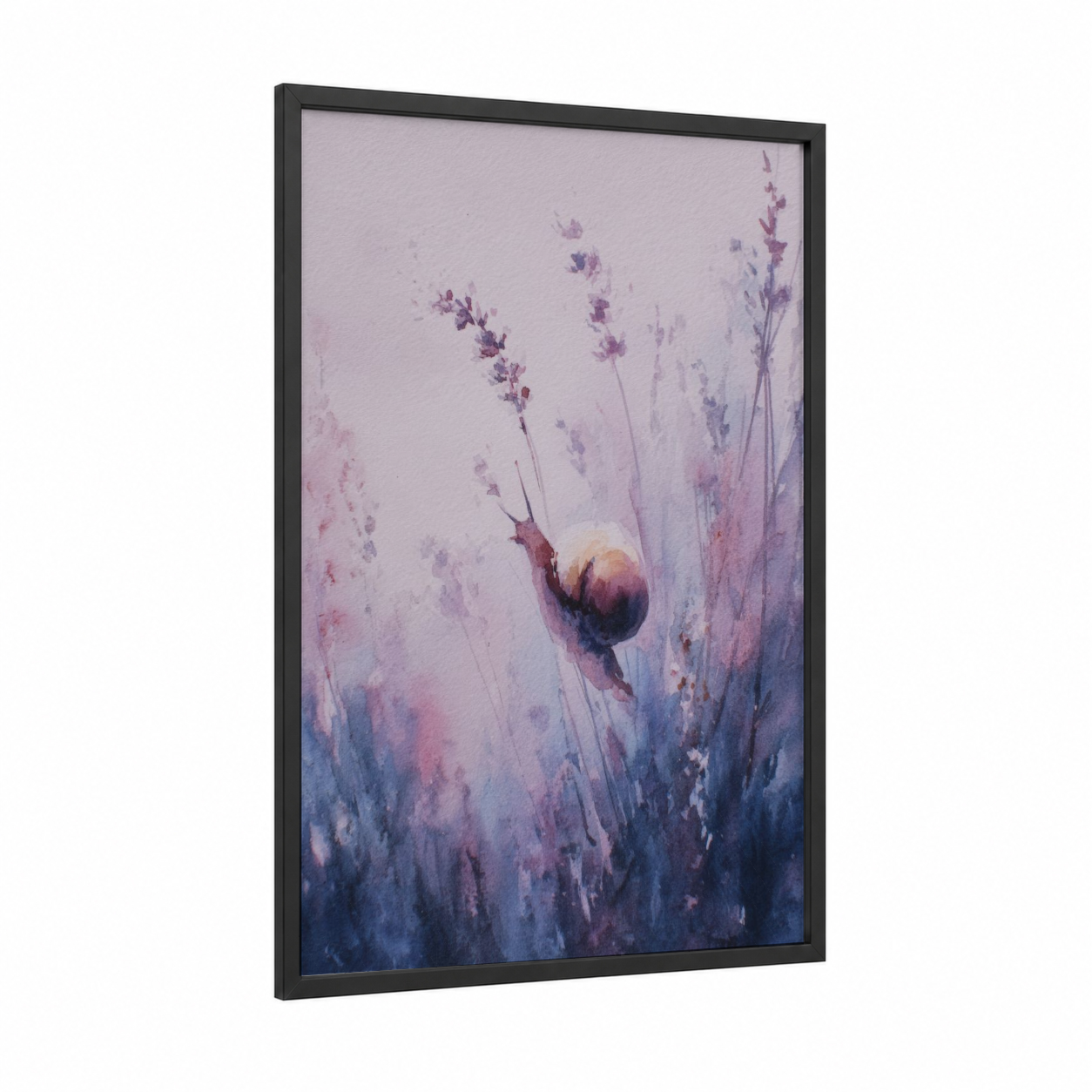 Lavender Snail framed art print — black wood frame — lavender and blue palette