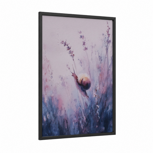 Lavender Snail framed art print — black wood frame — lavender and blue palette