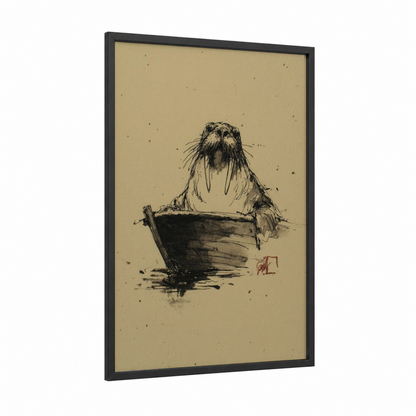 Tusked Walrus framed art print — black wood frame — black and white and beige palette