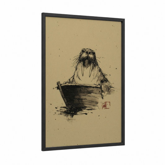 Tusked Walrus framed art print — black wood frame — black and white and beige palette