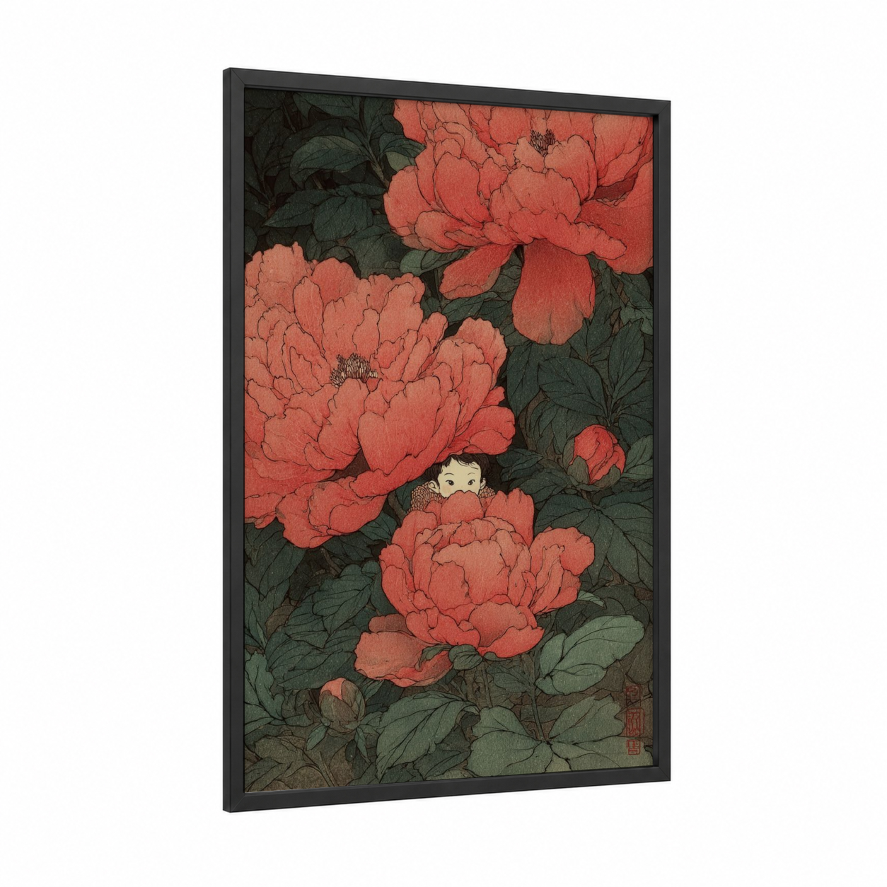 Coral Peonies Fairy framed art print — black wood frame — red and dark green palette