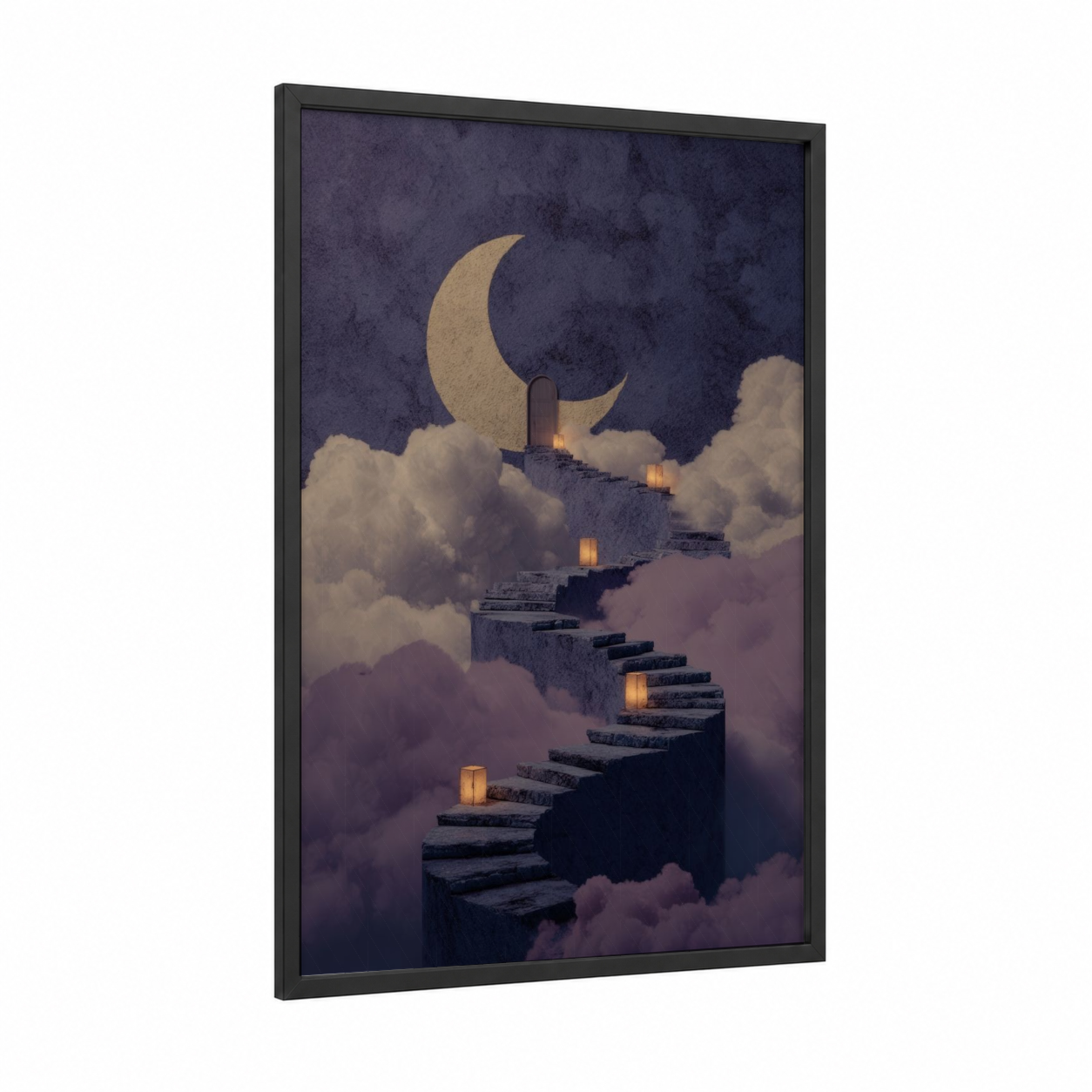 Moonlit Stairway framed fairytale print — black wood frame — gold and purple palette