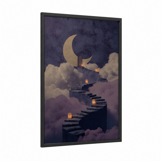 Moonlit Stairway framed fairytale print — black wood frame — gold and purple palette