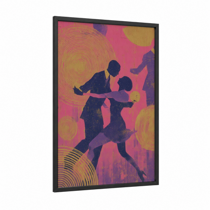 Vibrant Swing Duo framed swing dance print — black wood frame — magenta and gold palette