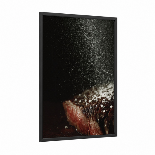 Seasoned Meat Dust framed art print — black wood frame — black and white and russet palette