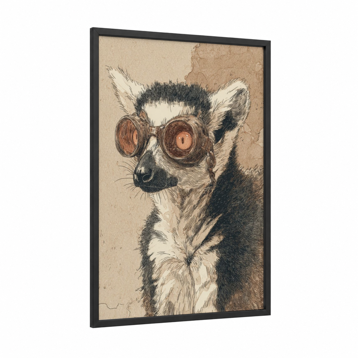Steampunk Lemur framed art print — black wood frame — black and white and beige palette