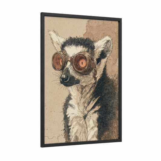 Steampunk Lemur framed art print — black wood frame — black and white and beige palette