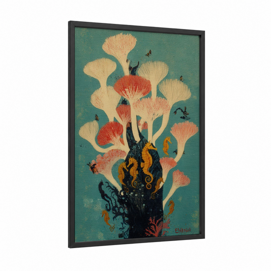 Bioluminescent Anemone framed sea anemone print — black wood frame — teal and peach palette
