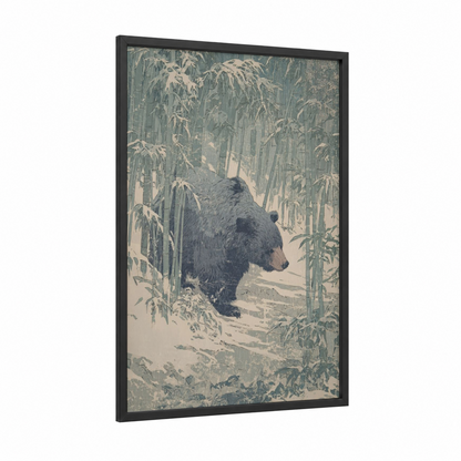 Snowy Sloth Bear framed art print — black wood frame — gray and white and dove gray palette