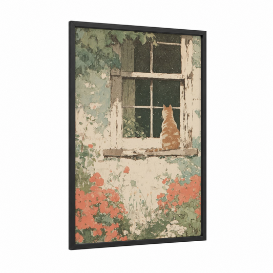 Cottage Window Garden framed art print — black wood frame — sage green and salmon pink palette