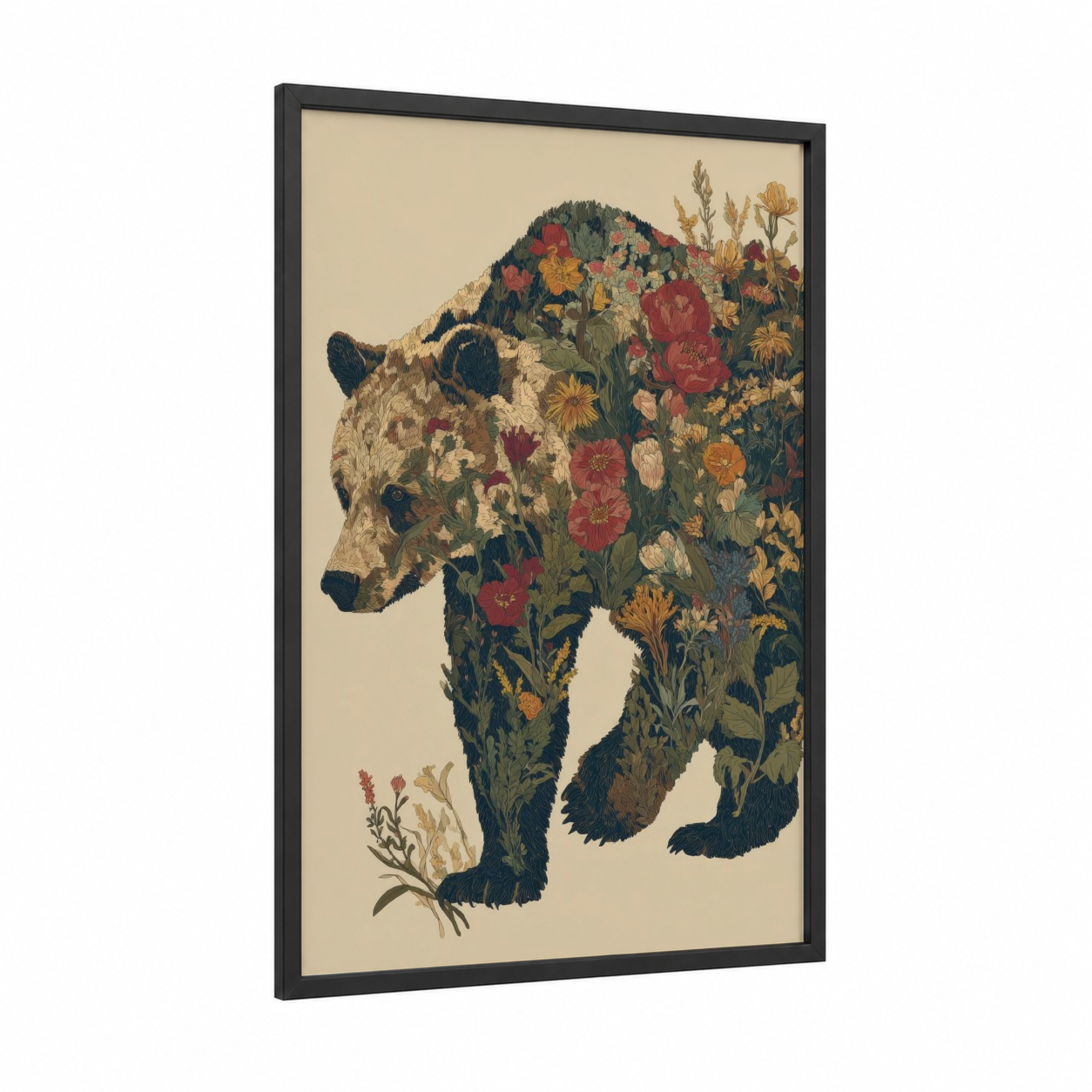 Wildflower Grizzly framed grizzly bear print — black wood frame — cream and dark green palette