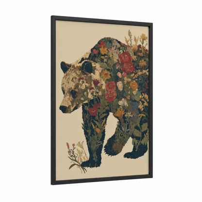 Wildflower Grizzly framed grizzly bear print — black wood frame — cream and dark green palette