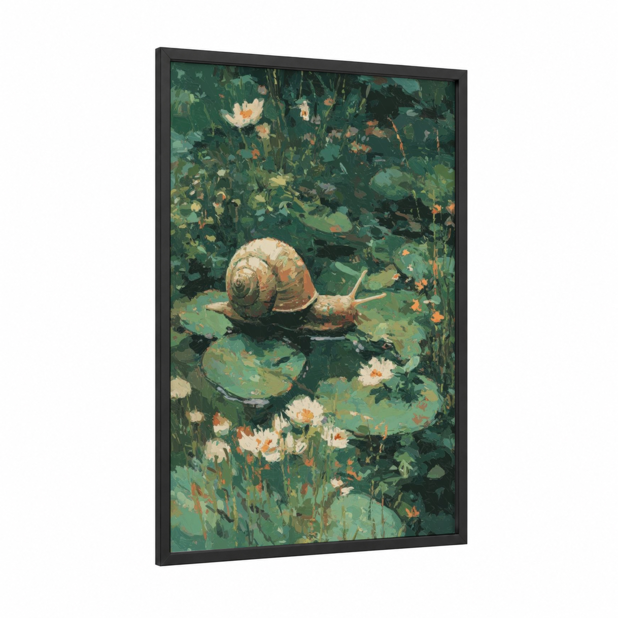 Garden Snail framed art print — black wood frame — green and peach palette