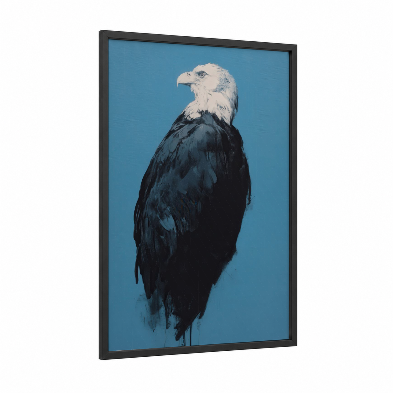 Majestic Eagle Portrait framed art print — black wood frame — blue and white and black palette