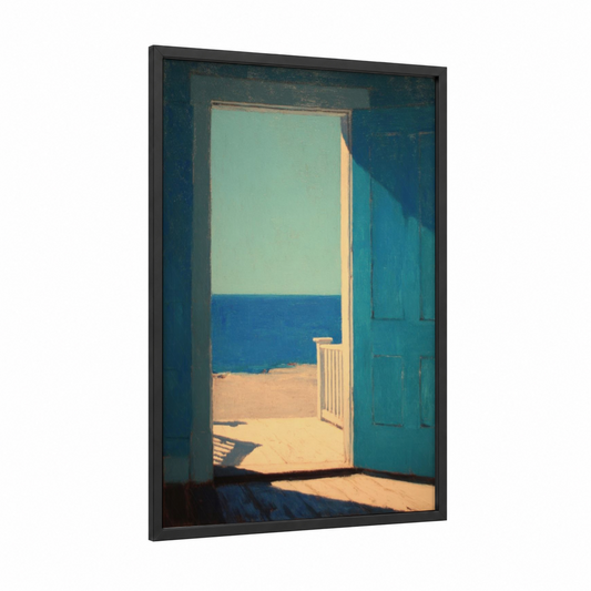 Turquoise Beach Door framed art print — black wood frame — teal and blue palette