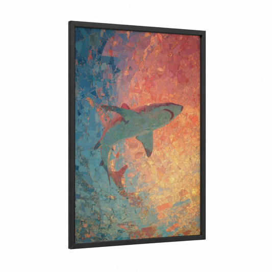 Geometric Blue Shark framed art print — black wood frame — blue and gold and orange palette