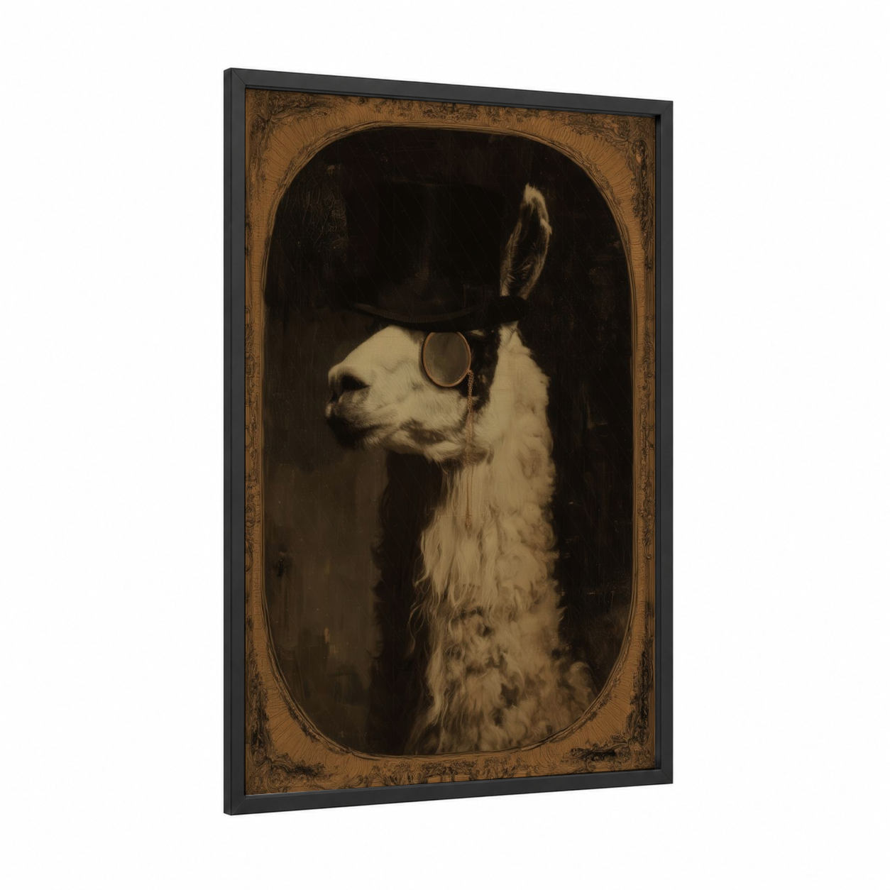 Steampunk Llama framed art print — black wood frame — black and cream palette