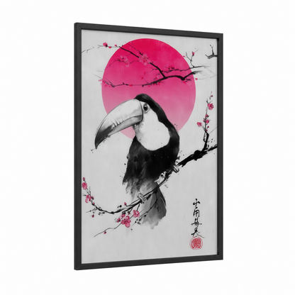 Blossom Toucan framed art print — black wood frame — magenta and black and white palette