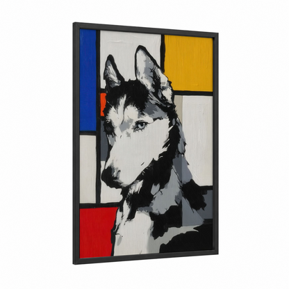 Bold Husky Portrait framed art print — black wood frame — black and white and blue and gold palette
