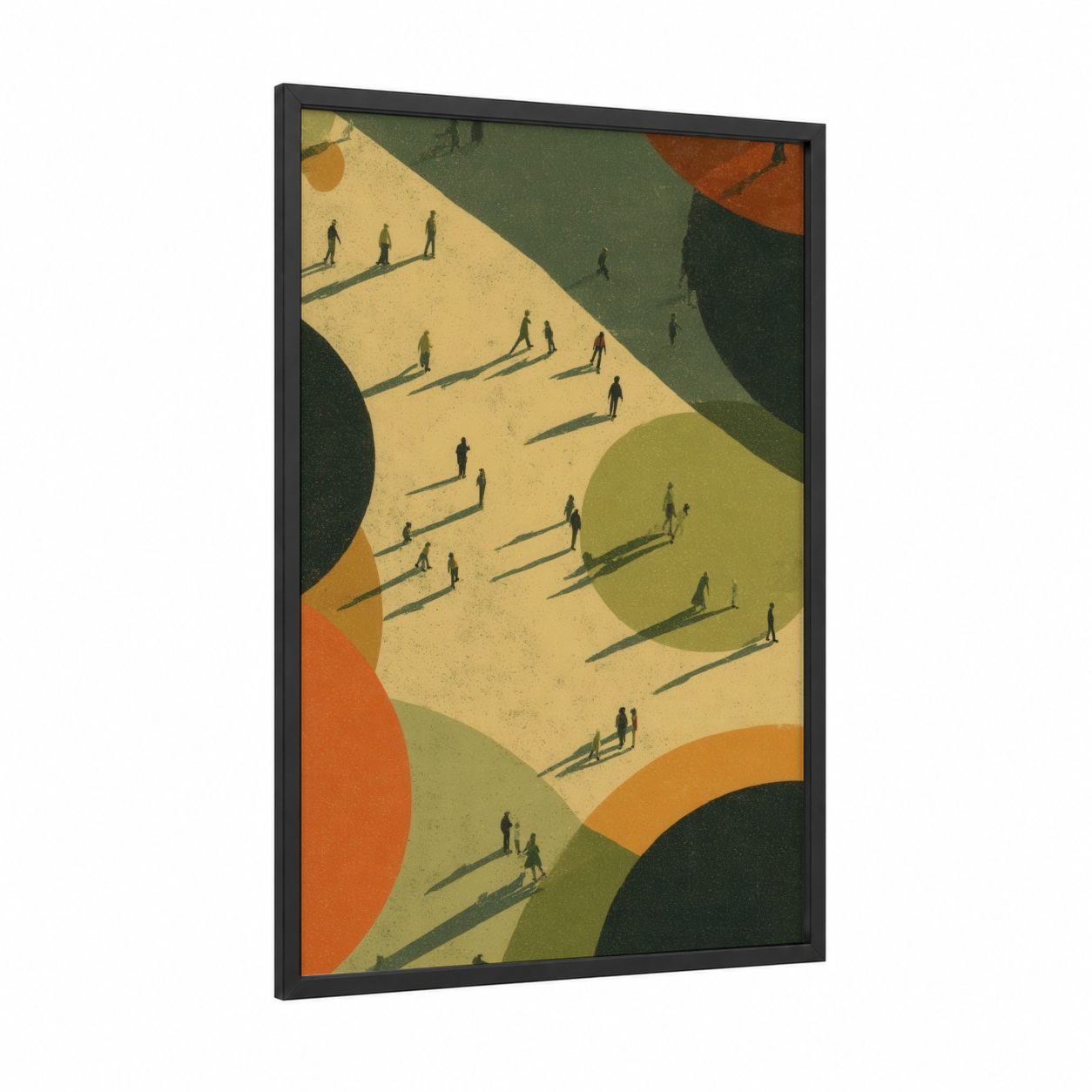 Sunlit Skaters framed roller skating print — black wood frame — mustard and olive palette