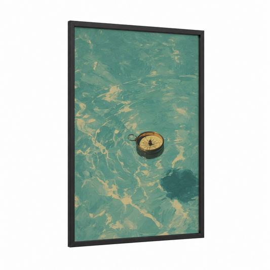 Vintage Compass Waters framed art print — black wood frame — teal and cream palette