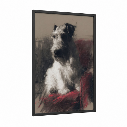 Dignified Terrier Portrait framed art print — black wood frame — black and white and maroon palette