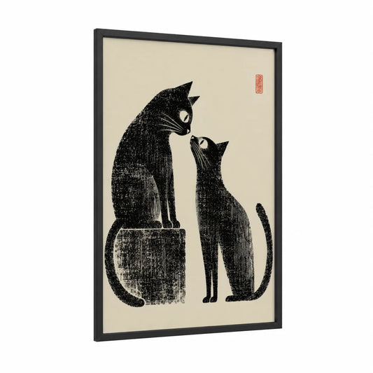 Japanese Black Cats Minimalist Wall Art framed art print — black wood frame — black and white and beige palette