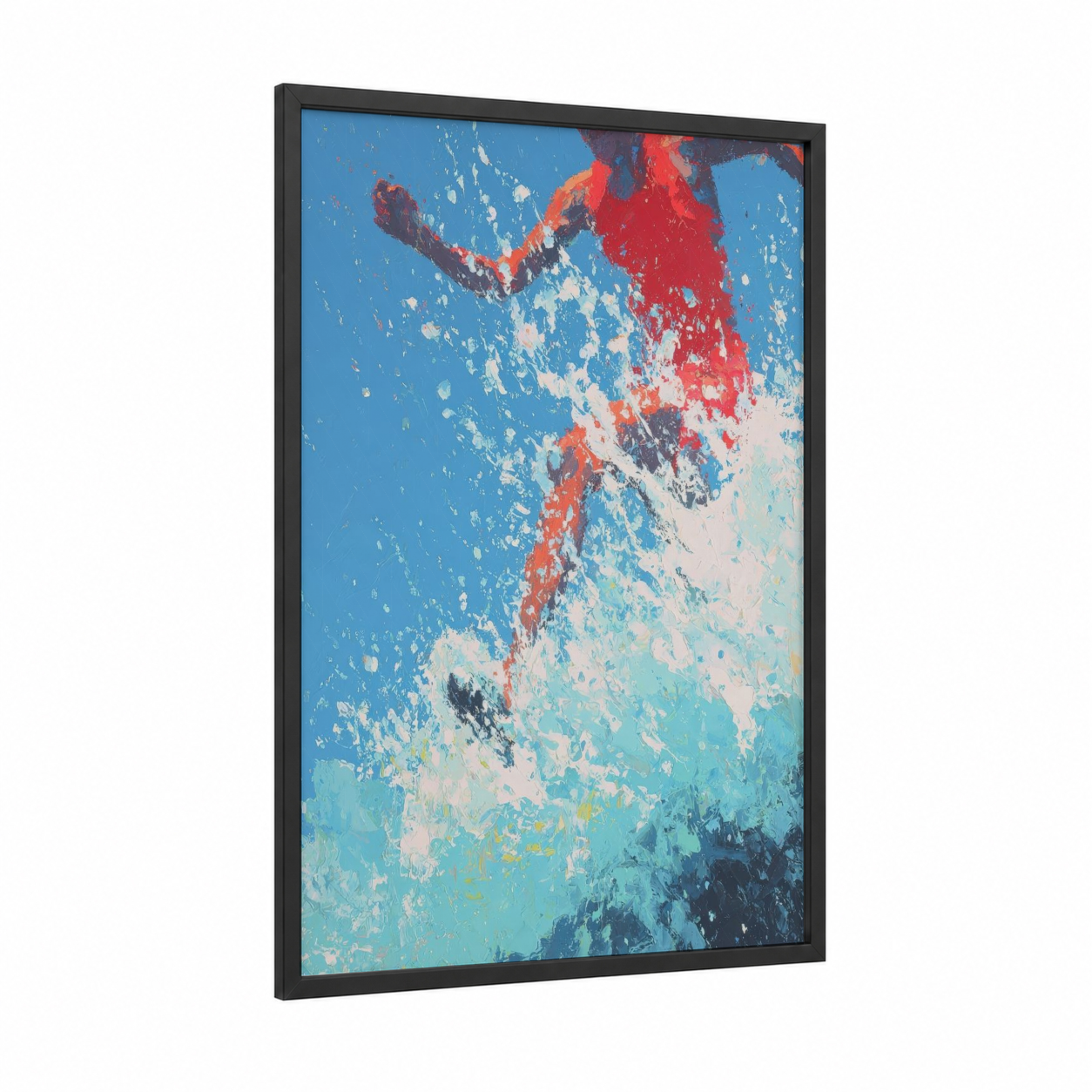 Dynamic Athlete Sprint framed track and field print — black wood frame — blue and red palette