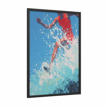Dynamic Athlete Sprint framed track and field print — black wood frame — blue and red palette