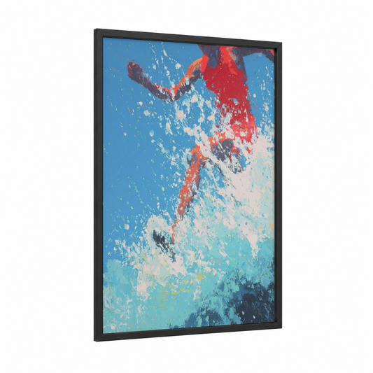 Dynamic Athlete Sprint framed track and field print — black wood frame — blue and red palette