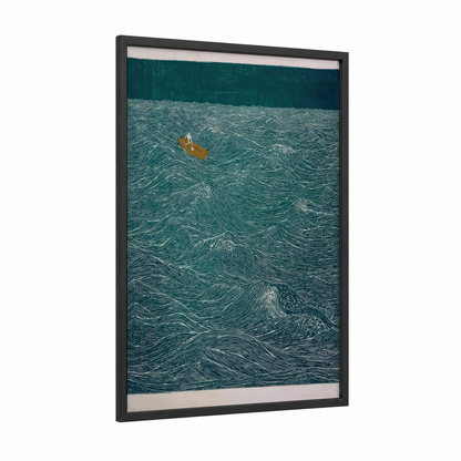 Golden Boat Waves framed seascapes and ocean print — black wood frame — teal and gold palette