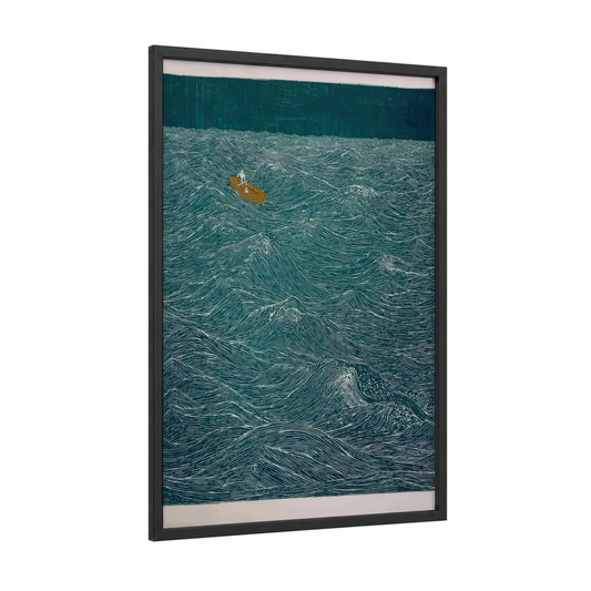 Golden Boat Waves framed seascapes and ocean print — black wood frame — teal and gold palette