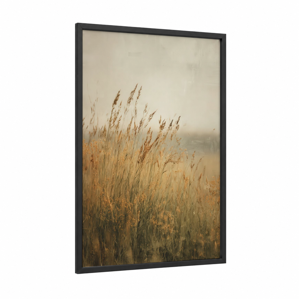 Misty Grass Field framed art print — black wood frame — beige and gold palette