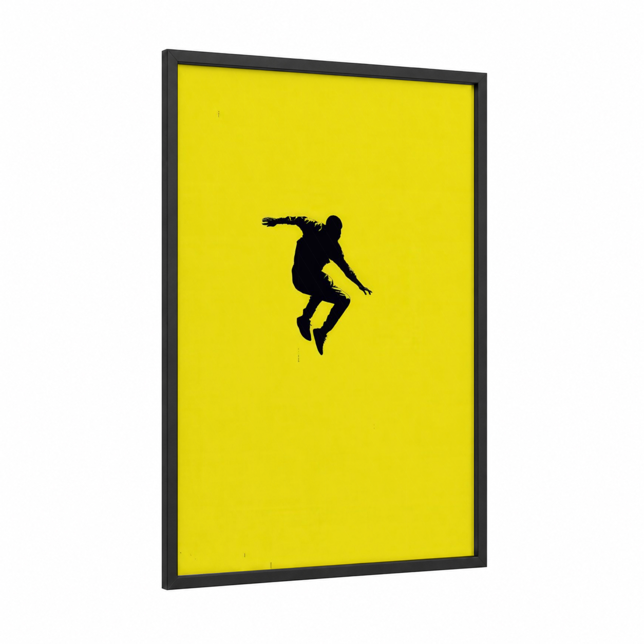 Airborne Parkour framed art print — black wood frame — yellow and black palette