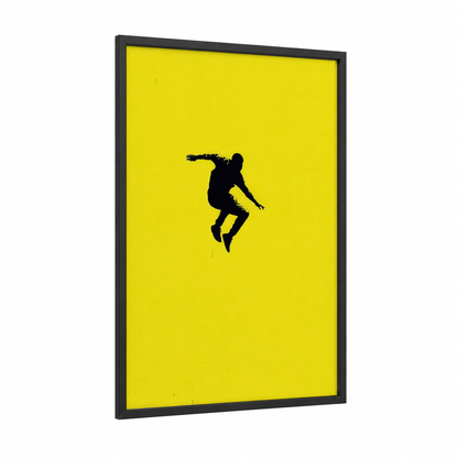 Airborne Parkour framed art print — black wood frame — yellow and black palette