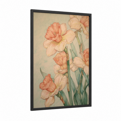 Peachy Daffodils framed art print — black wood frame — peach and cream palette