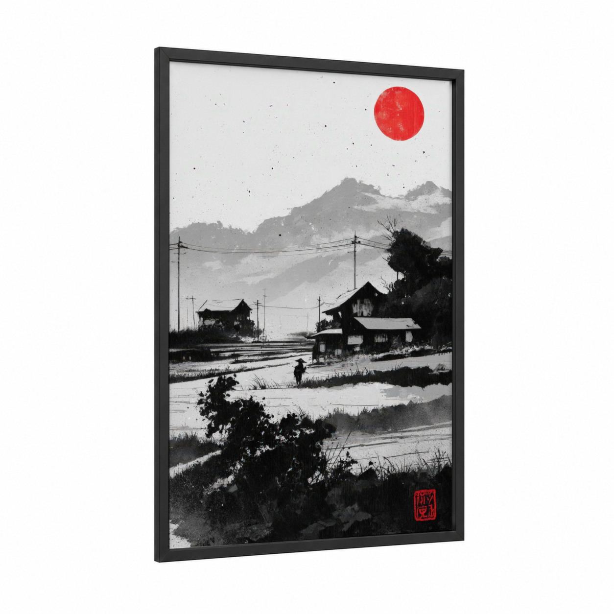 Mountain Village Dawn framed various landscapes print — black wood frame — black and white and red palette
