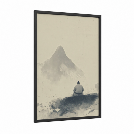 Misty Contemplation Sumo framed art print — black wood frame — black and white and dove gray palette