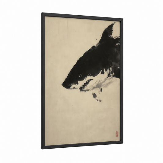 Basking Shark Minimal framed art print — black wood frame — black and white and cream palette