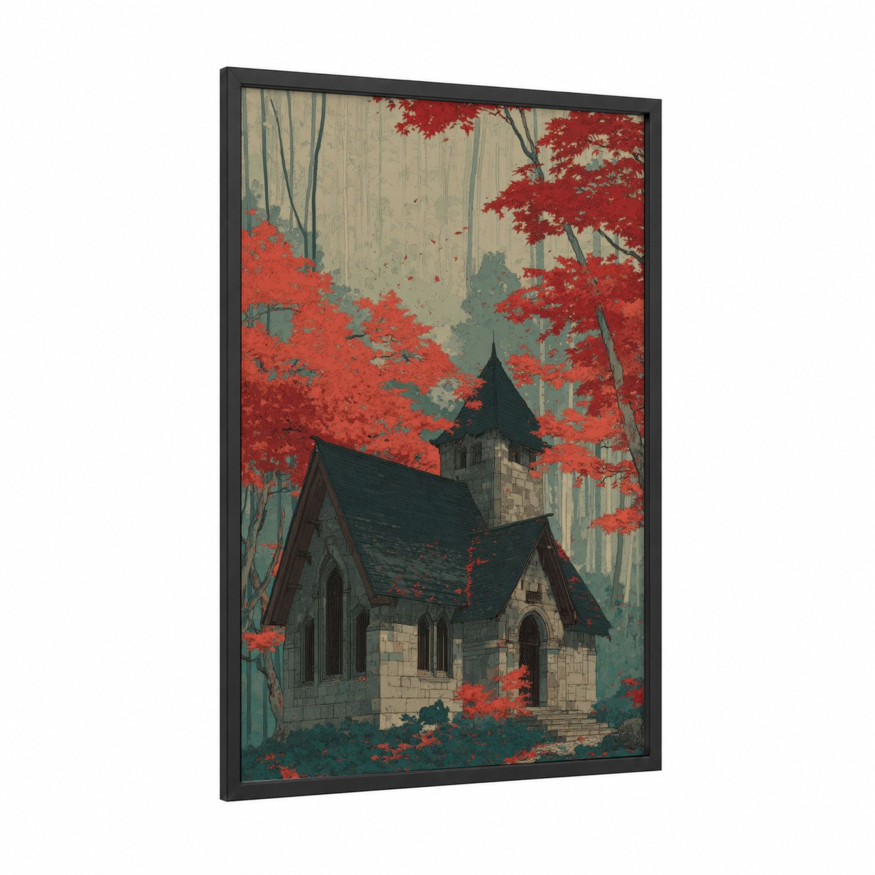 Crimson Chapel Forest framed churches and chapels print — black wood frame — red and sage green palette