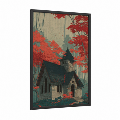 Crimson Chapel Forest framed churches and chapels print — black wood frame — red and sage green palette