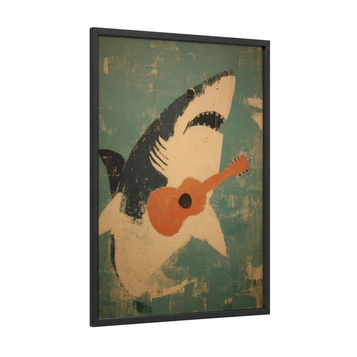 Musical Shark framed great white shark print — black wood frame — teal and cream palette