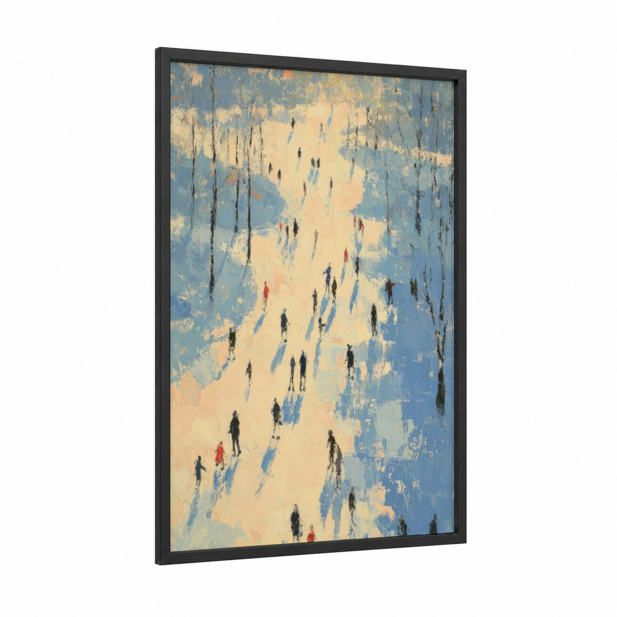 Snowy Skate Gathering framed ice skating print — black wood frame — blue and cream palette
