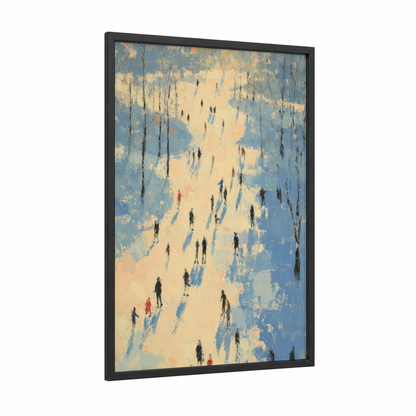 Snowy Skate Gathering framed ice skating print — black wood frame — blue and cream palette